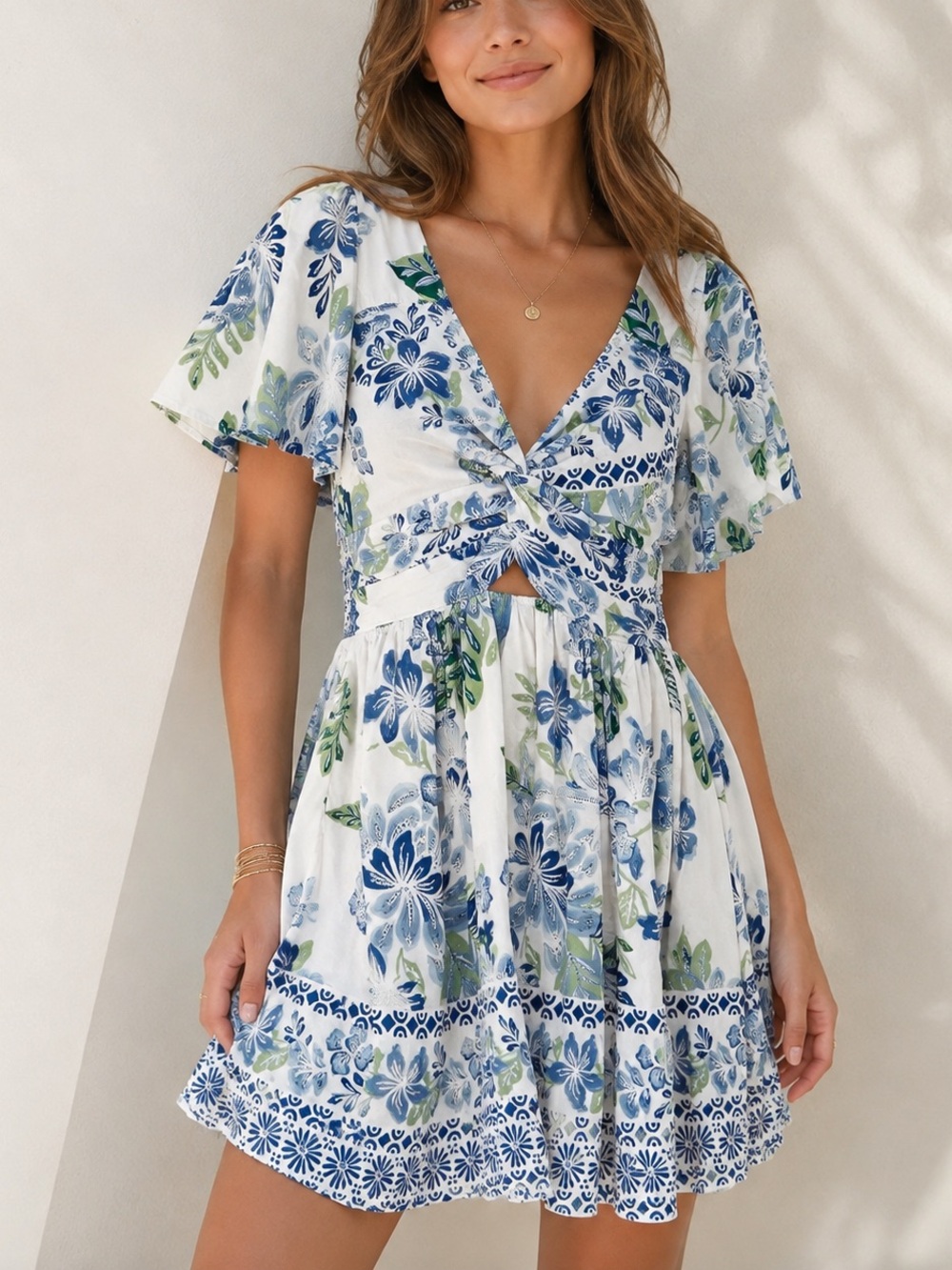 Angie Blue Green Floral Twist Front Cutout Flutter Sleeve Mini Dress S